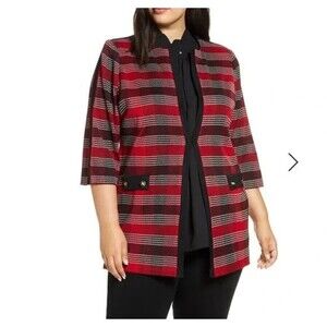 Ming Wang Plaid Open Front Cardigan Christmas Holiday Red Black Women's Size XL